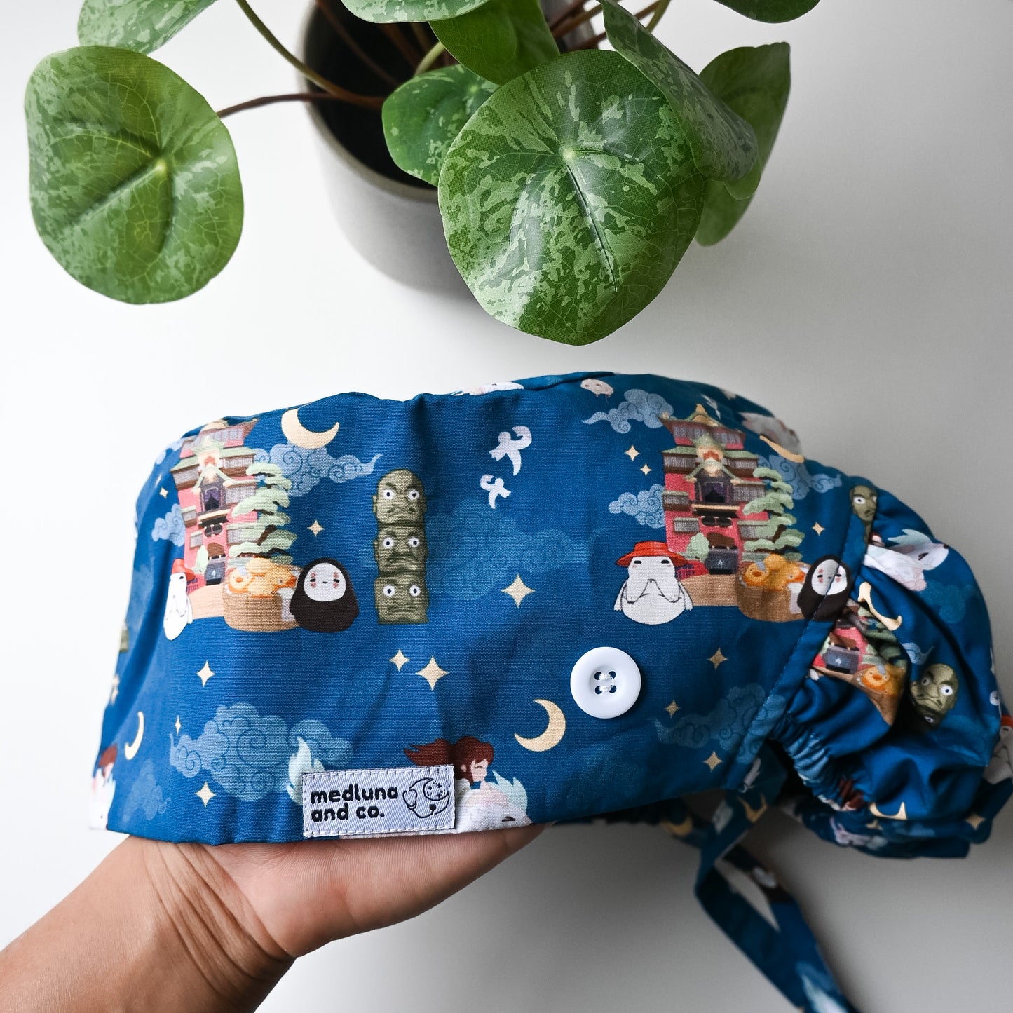 SPIRITED AWAY - FLYING AT NIGHT WITH HAKU SATIN LINED PONYTAIL SCRUB CAP