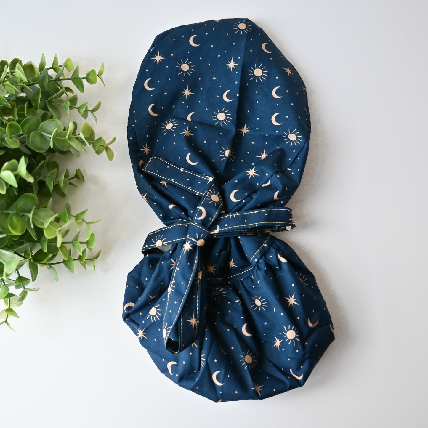 BLUE MOON AND STARS THEMED SATIN LINED PONYTAIL SCRUB CAP
