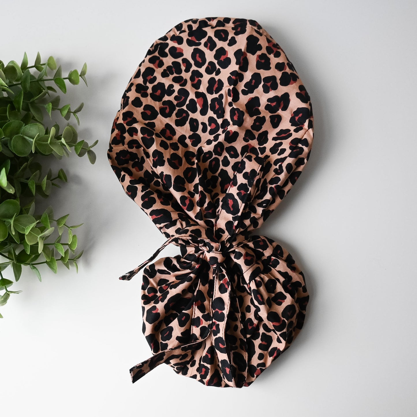 CHEETAH PRINT THEMED SATIN LINED PONYTAIL SCRUB CAP