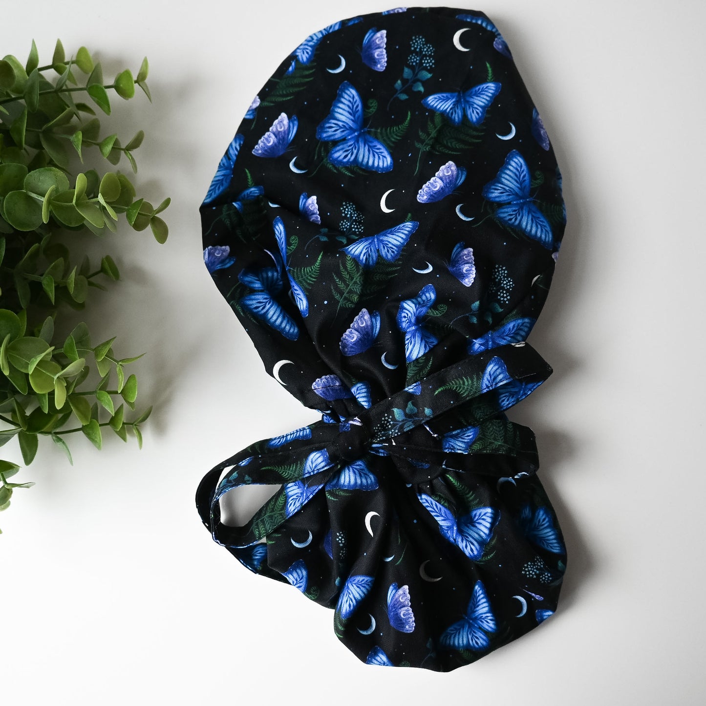 CELESTIAL MOON AND BUTTERFLY THEMED SATIN LINED PONYTAIL SCRUB CAP