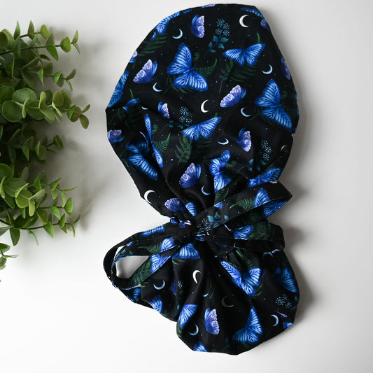 CELESTIAL MOON AND BUTTERFLY THEMED SATIN LINED PONYTAIL SCRUB CAP