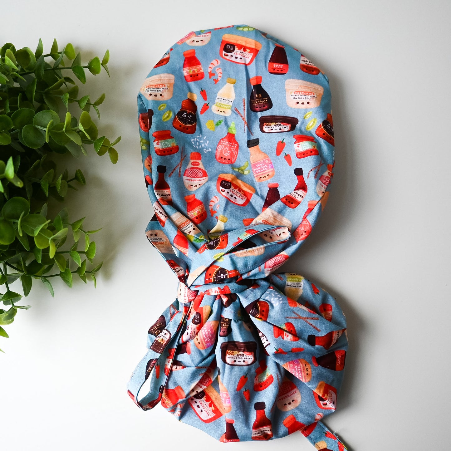 ASIAN CONDIMENTS THEMED SATIN LINED PONYTAIL SCRUB CAP
