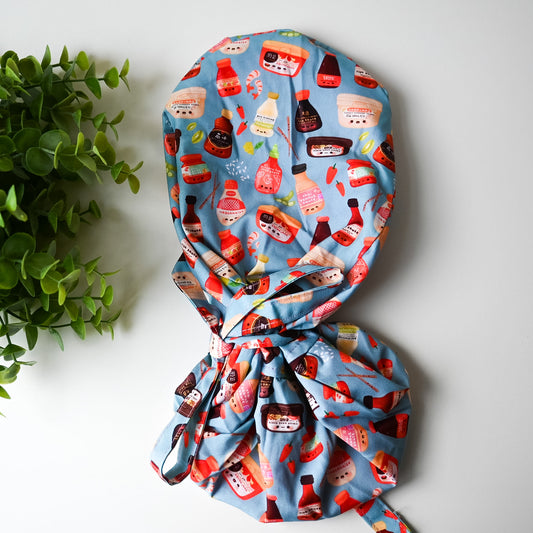 ASIAN CONDIMENTS THEMED SATIN LINED PONYTAIL SCRUB CAP