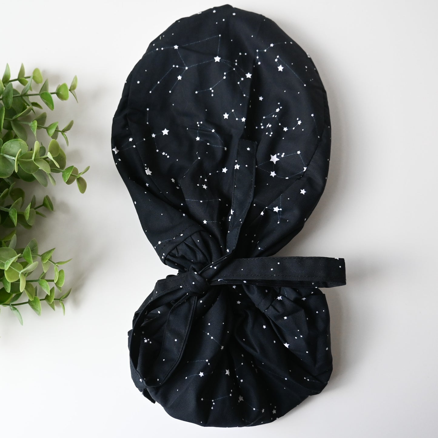 BLACK CONSTELLATIONS THEMED SATIN LINED PONYTAIL SCRUB CAP