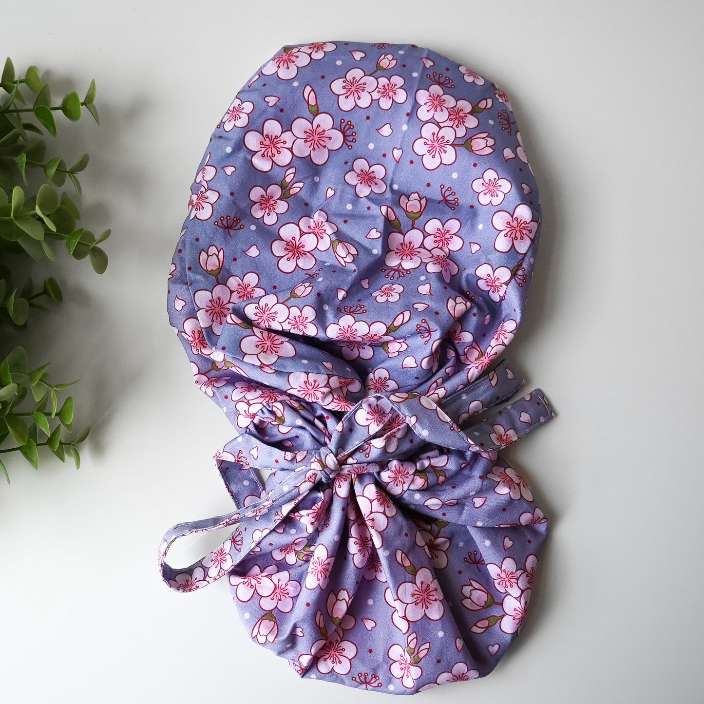 CHERRY BLOSSOM THEMED SATIN LINED PONYTAIL SCRUB CAP