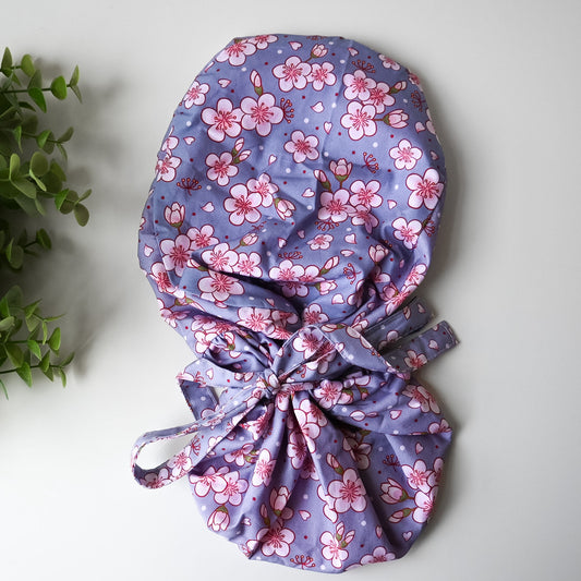 CHERRY BLOSSOM THEMED SATIN LINED PONYTAIL SCRUB CAP