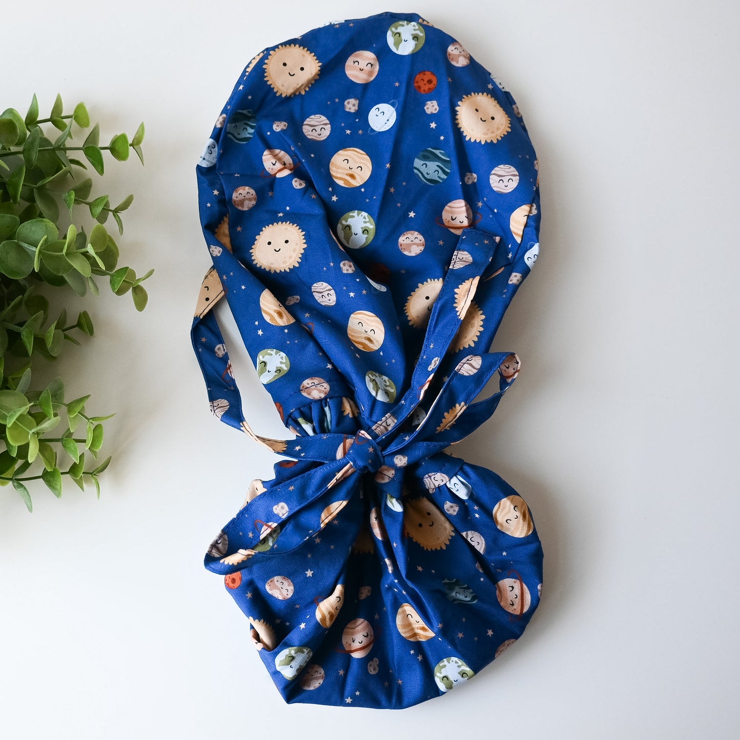 CUTE PLANETS THEMED SATIN LINED PONYTAIL SCRUB CAP