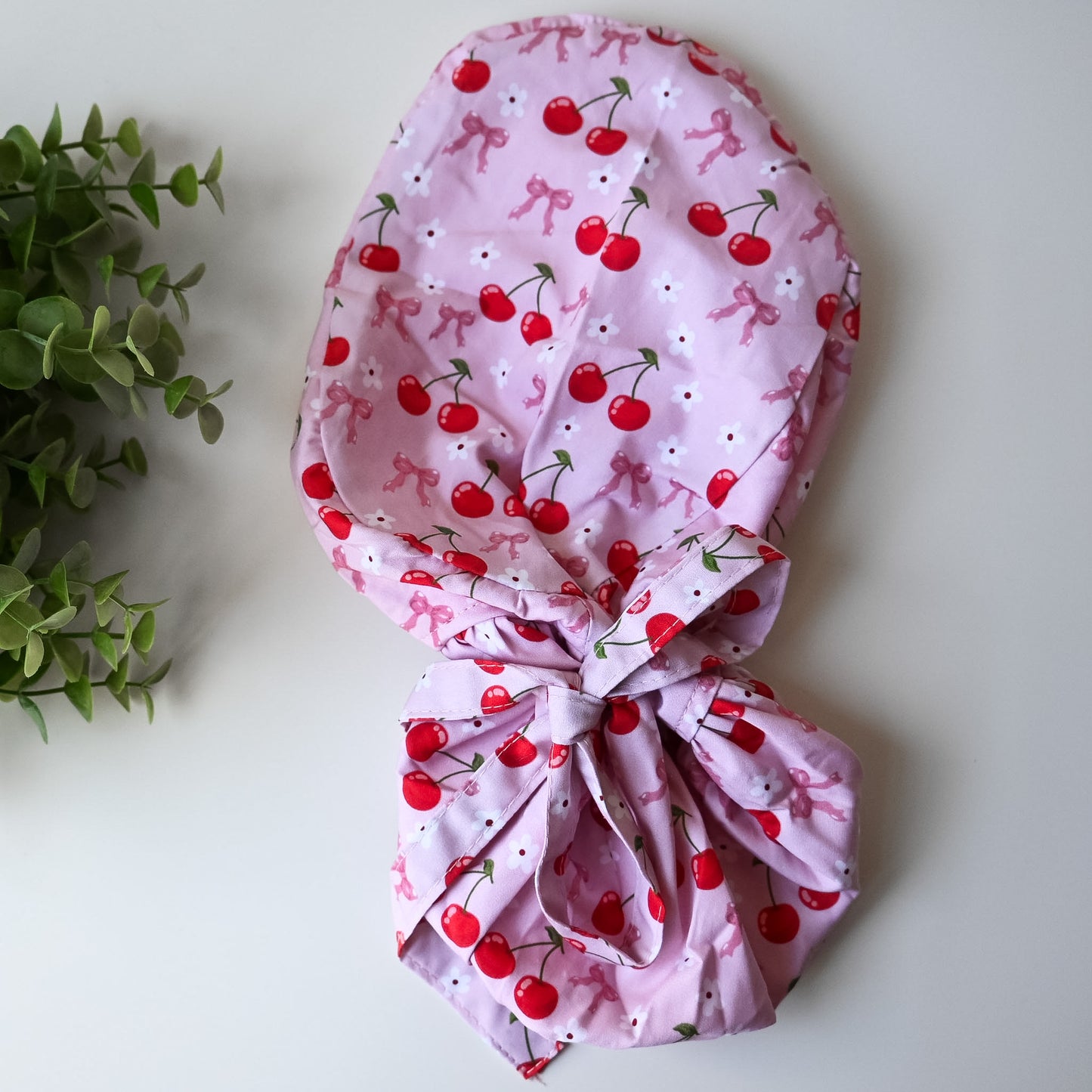 CHERRY COQUETTE THEMED SATIN LINED PONYTAIL SCRUB CAP