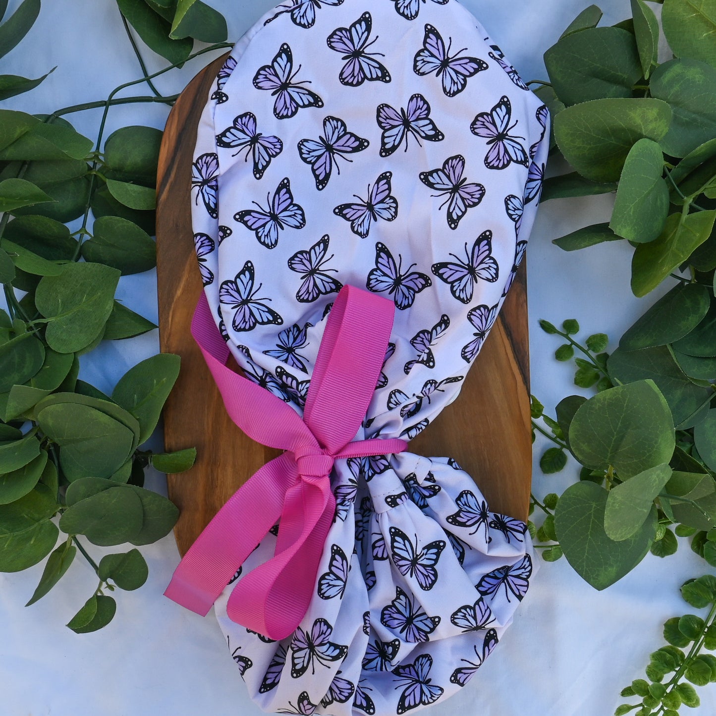 PURPLE BUTTERFLIES SATIN LINED PONYTAIL SCRUB CAP