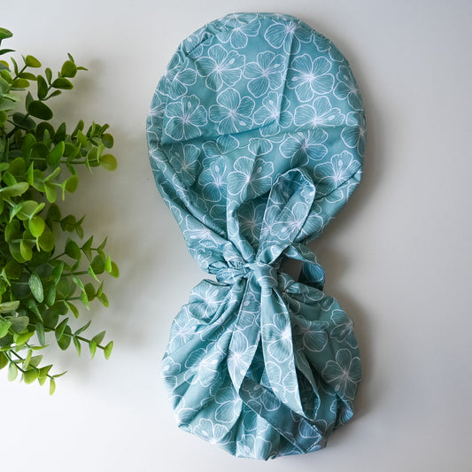 HIBISCUS THEMED SATIN LINED PONYTAIL SCRUB CAP