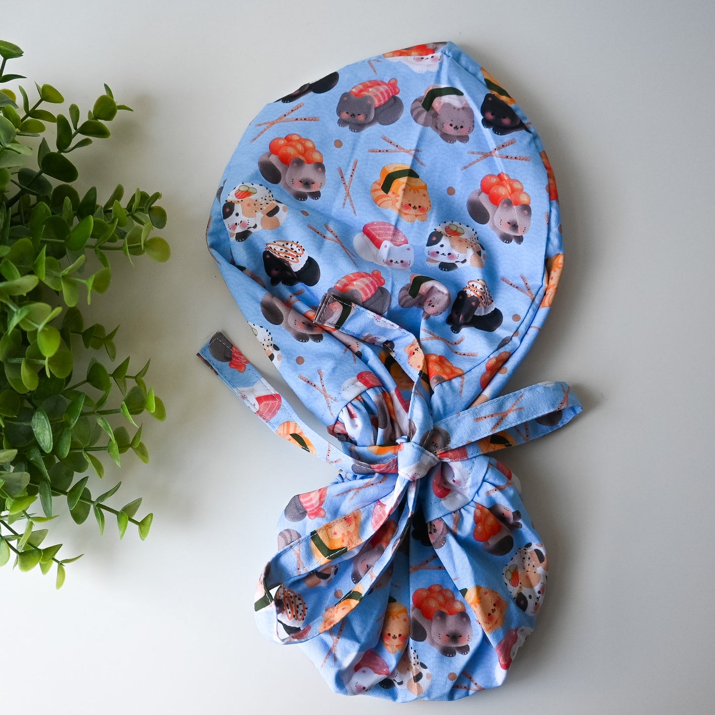 CAT SUSHI THEMED SATIN LINED PONYTAIL SCRUB CAP