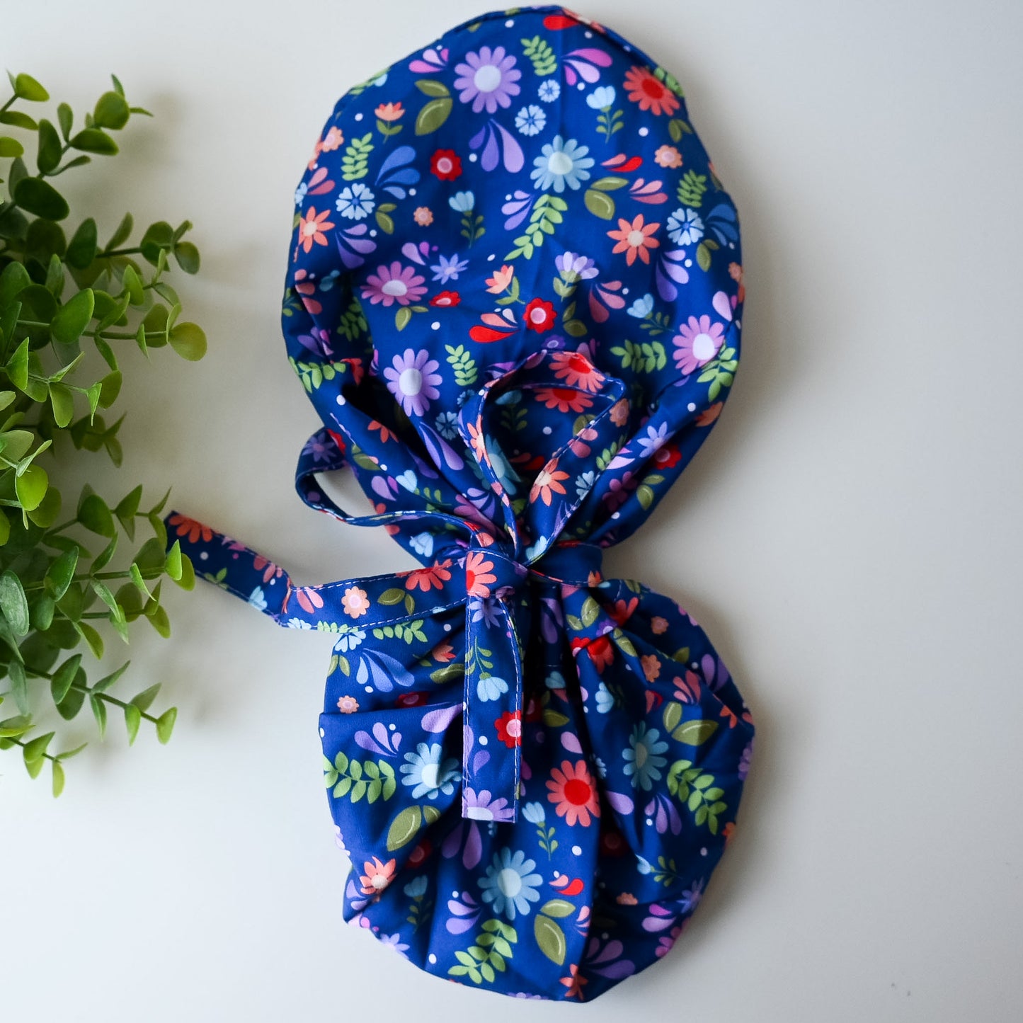 HISPANIC TRADITIONAL BLUE FLORAL THEMED SATIN LINED PONYTAIL SCRUB CAP