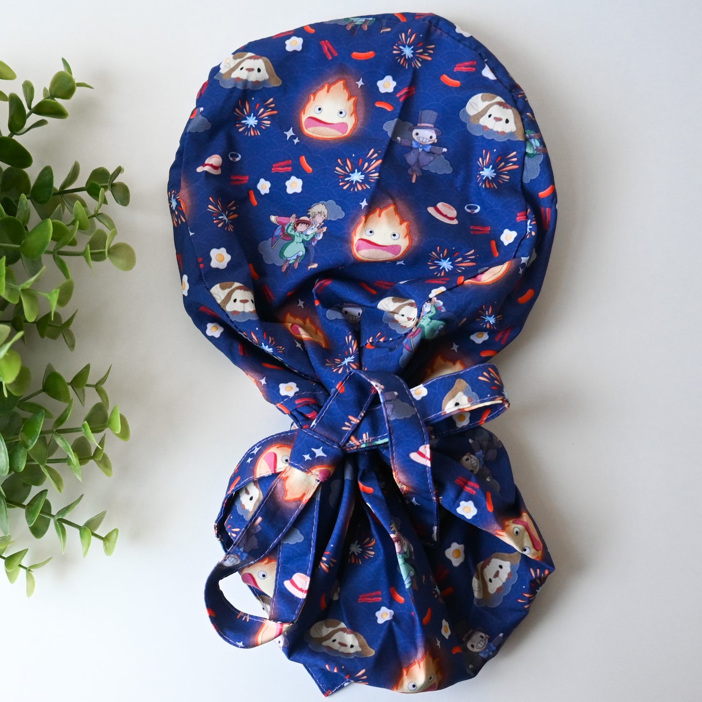 HOWL'S MOVING CASTLE - CALCIFER THEMED SATIN LINED PONYTAIL SCRUB CAP