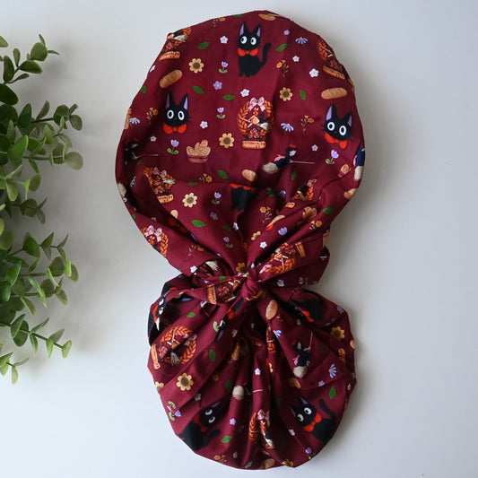 KIKI'S DELIVERY SERVICE - DARK RED JIJI THEMED SATIN LINED PONYTAIL SCRUB CAP
