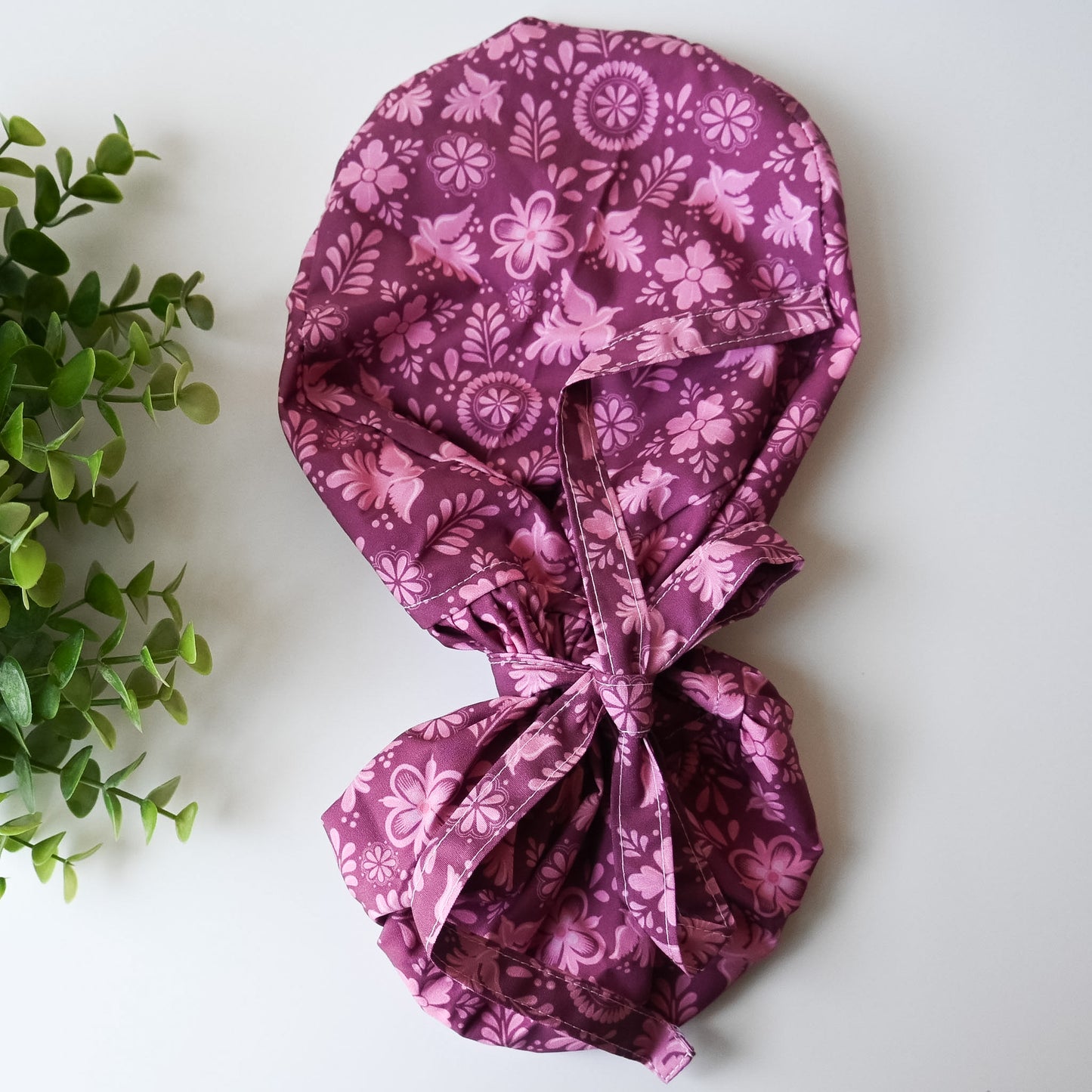 HISPANIC TRADITIONAL PINK TALAVERA SATIN LINED PONYTAIL SCRUB CAP