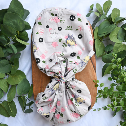 MY NEIGHBOR TOTORO - NEUTRAL CHERRY BLOSSOM THEMED SATIN LINED PONYTAIL SCRUB CAP