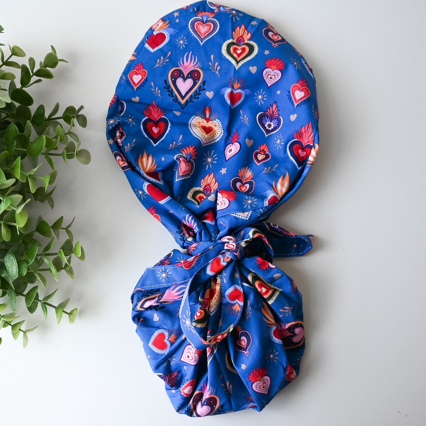MEXICAN SACRED HEARTS THEMED SATIN LINED PONYTAIL SCRUB CAP