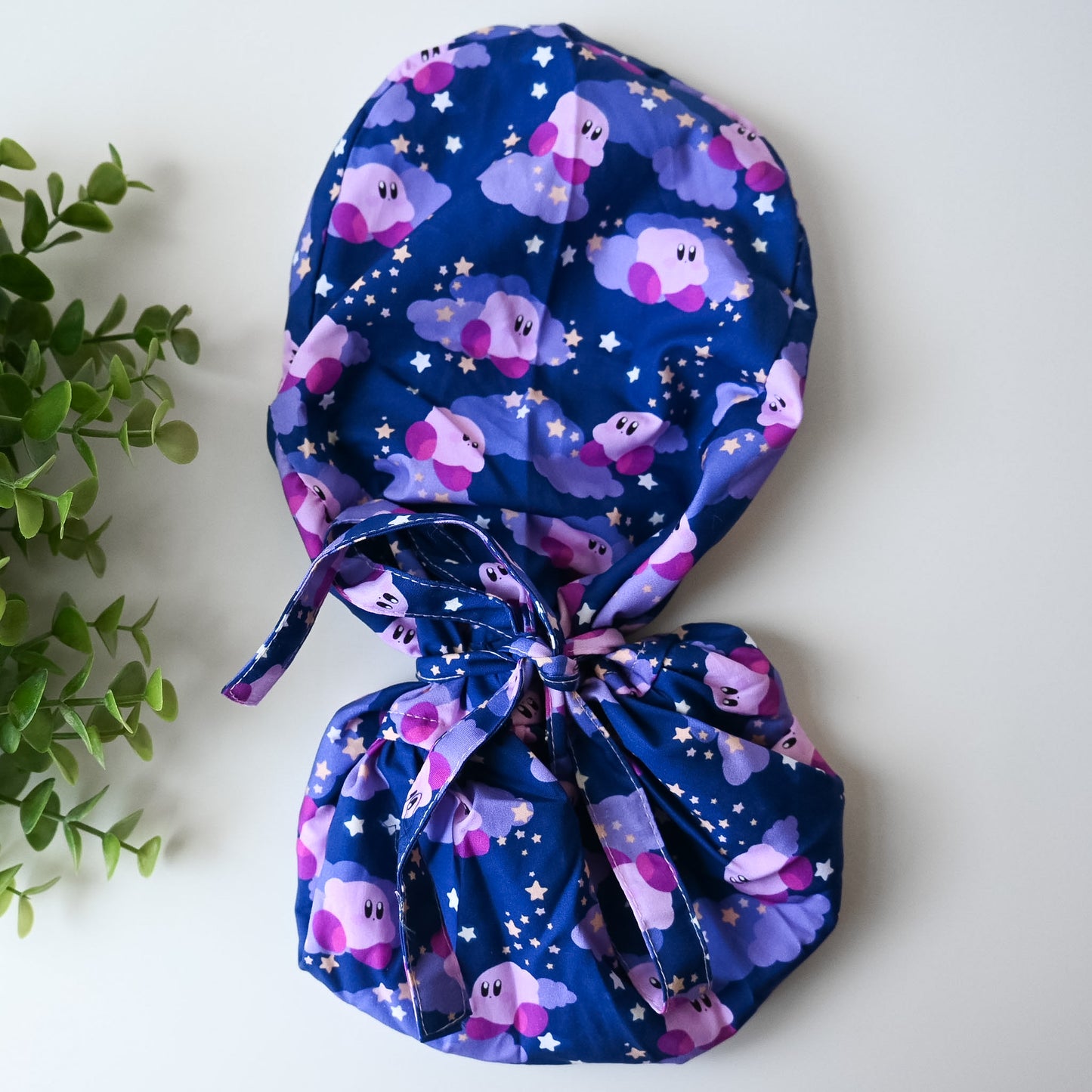 KIRBY - PURPLE KIRBY WITH STARS SATIN LINED PONYTAIL SCRUB CAP