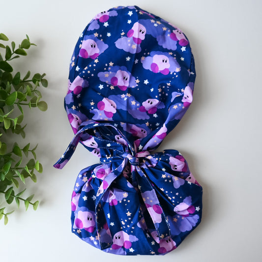 KIRBY - PURPLE KIRBY WITH STARS SATIN LINED PONYTAIL SCRUB CAP