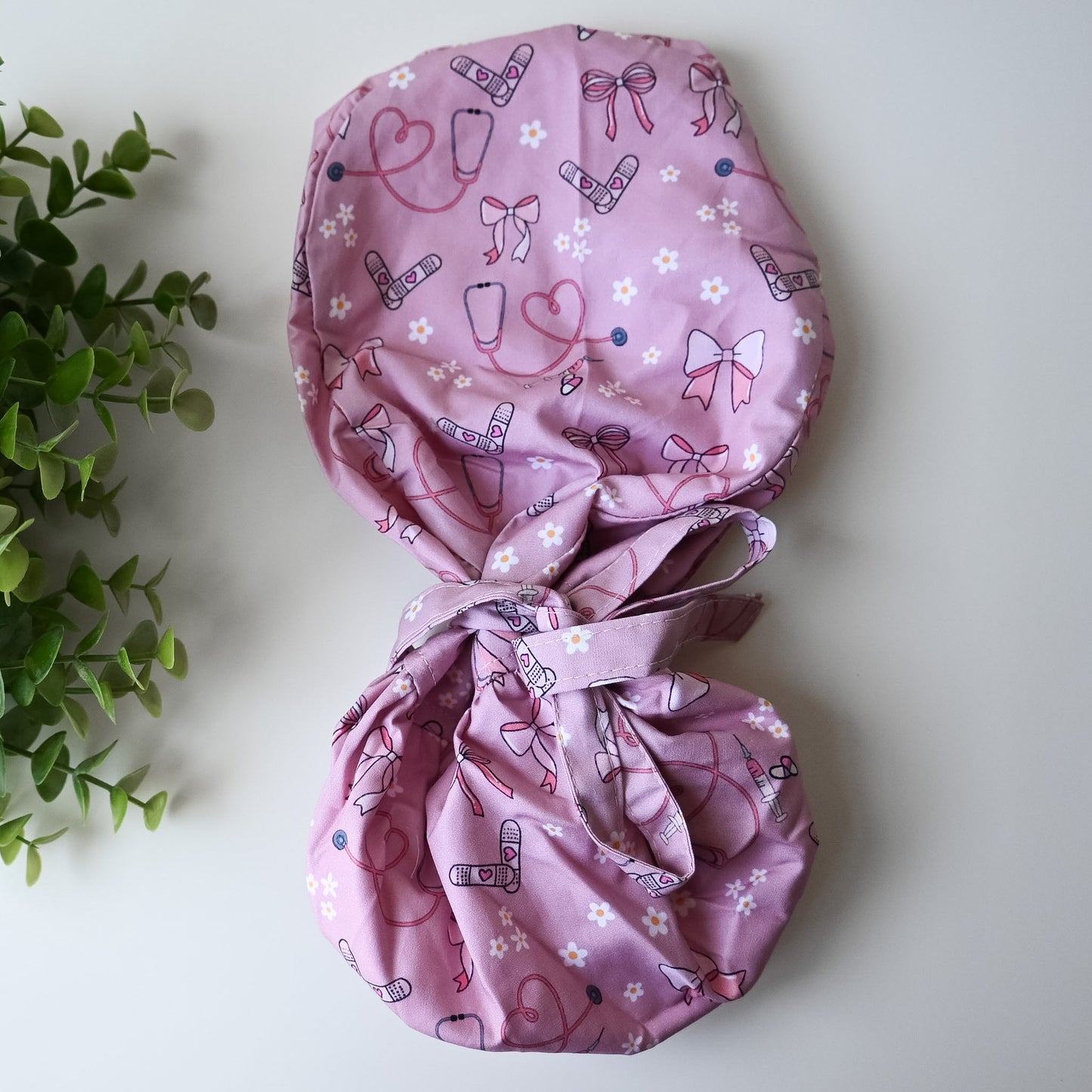 MEDICAL COQUETTE THEMED SATIN LINED PONYTAIL SCRUB CAP