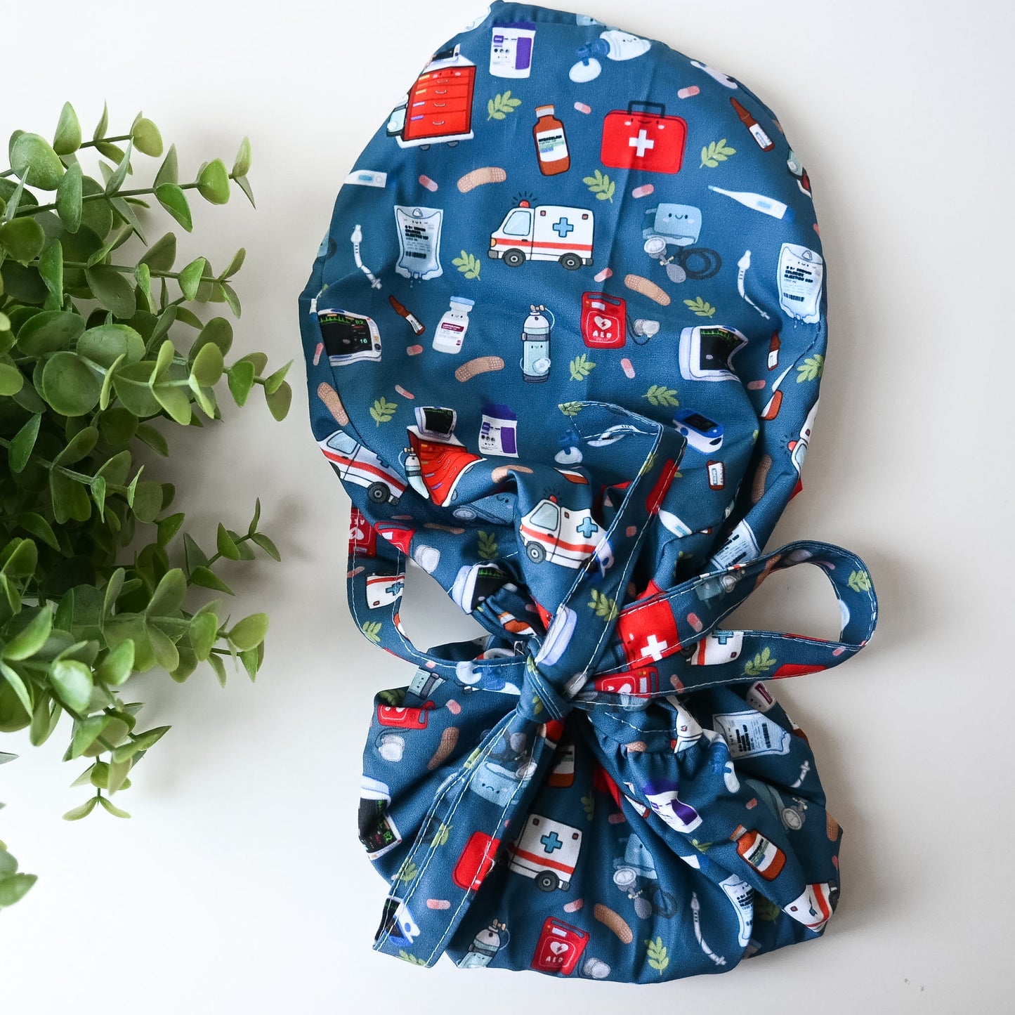 EMERGENCY THEMED SATIN LINED PONYTAIL SCRUB CAP