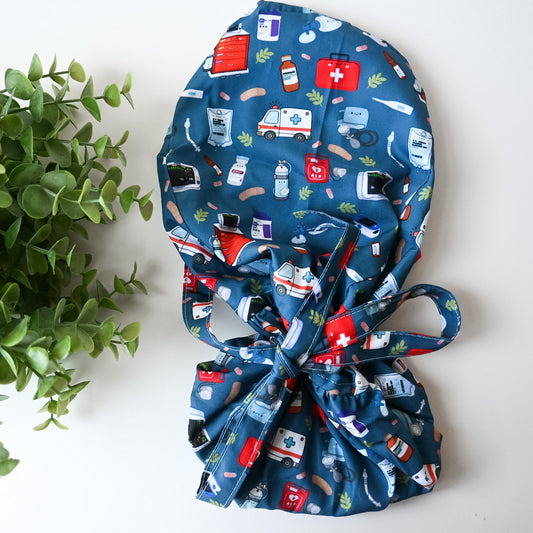 EMERGENCY THEMED SATIN LINED PONYTAIL SCRUB CAP