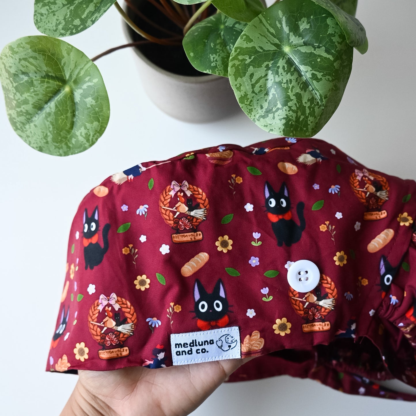 KIKI'S DELIVERY SERVICE - DARK RED JIJI THEMED SATIN LINED PONYTAIL SCRUB CAP