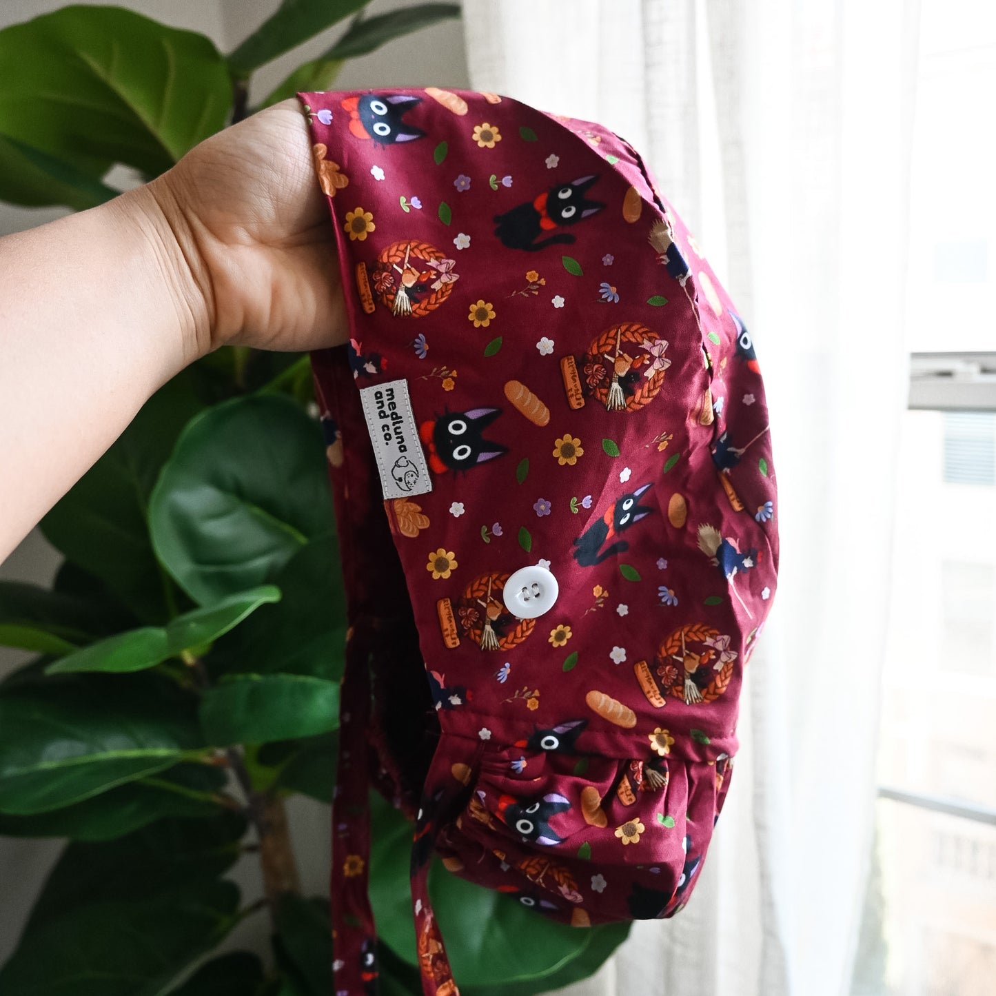 KIKI'S DELIVERY SERVICE - DARK RED JIJI THEMED SATIN LINED PONYTAIL SCRUB CAP