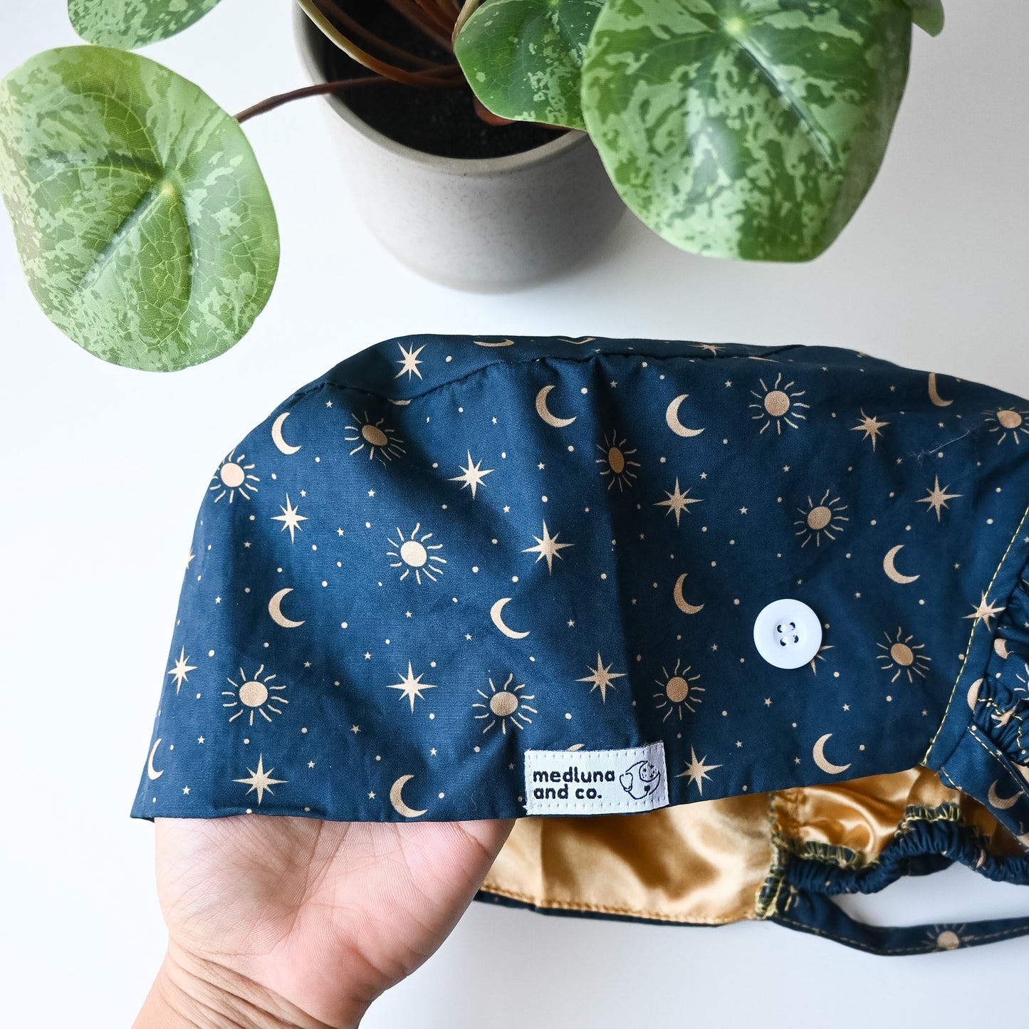 BLUE MOON AND STARS THEMED SATIN LINED PONYTAIL SCRUB CAP