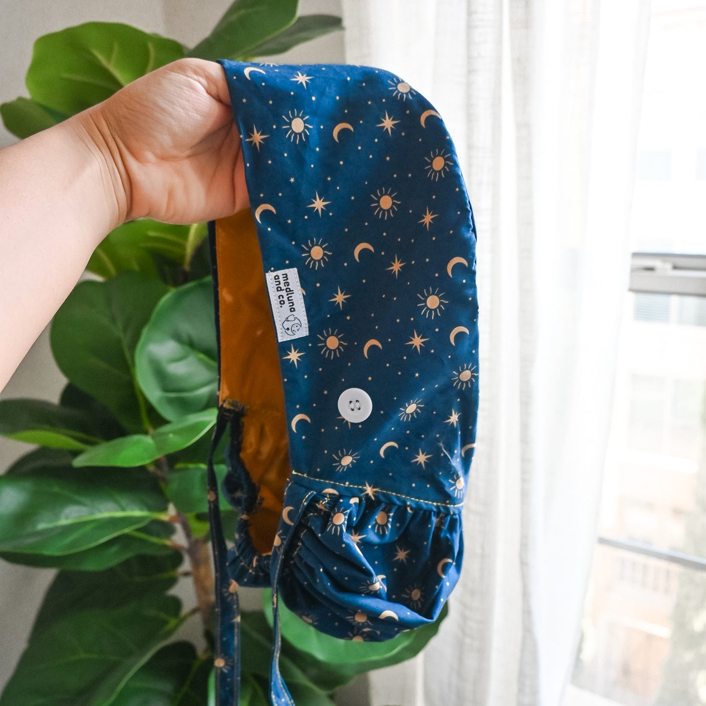 BLUE MOON AND STARS THEMED SATIN LINED PONYTAIL SCRUB CAP
