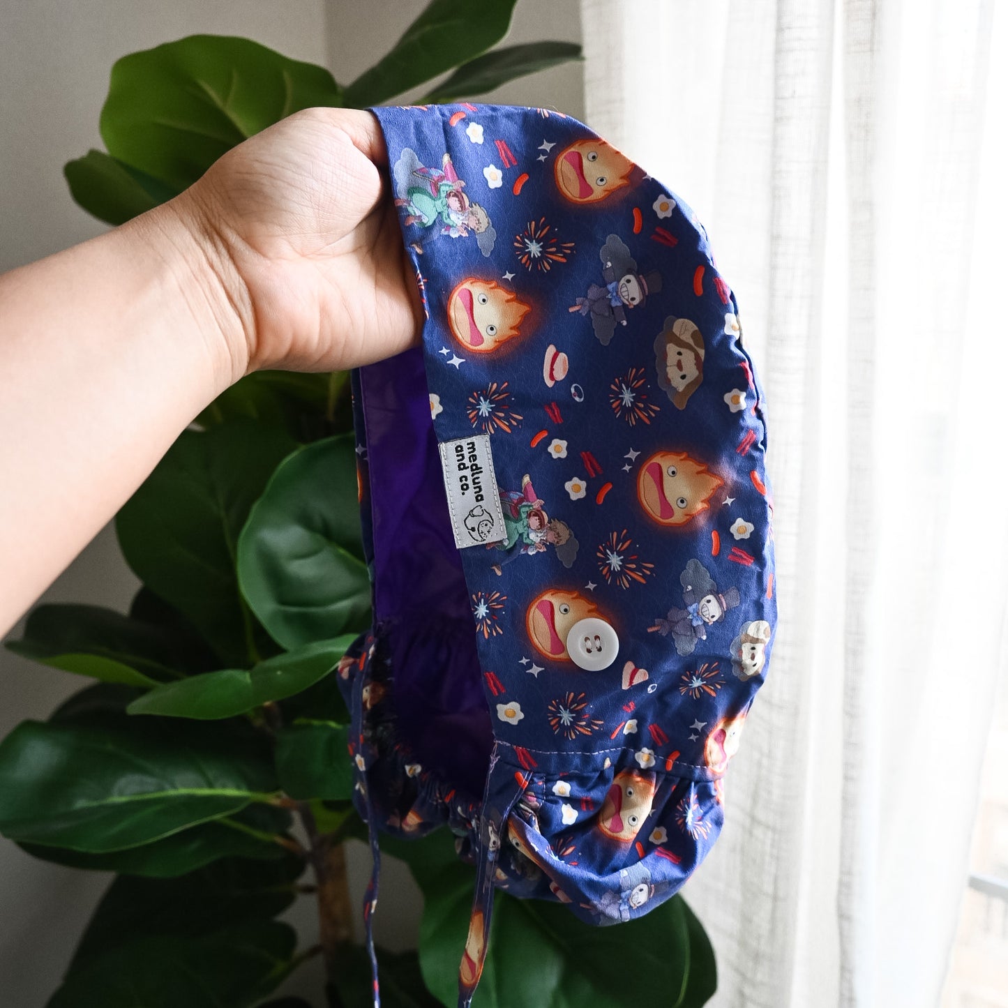 HOWL'S MOVING CASTLE - CALCIFER THEMED SATIN LINED PONYTAIL SCRUB CAP
