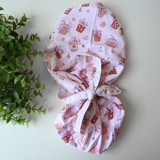 ICED COFFEE THEMED SATIN LINED PONYTAIL SCRUB CAP