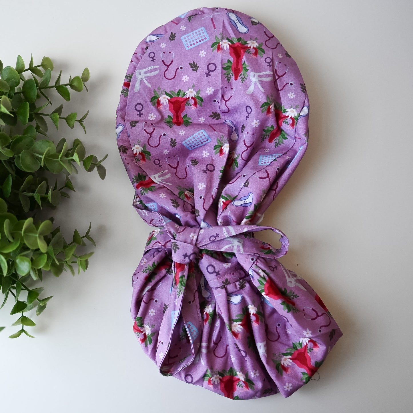 OBGYN THEMED SATIN LINED PONYTAIL SCRUB CAP