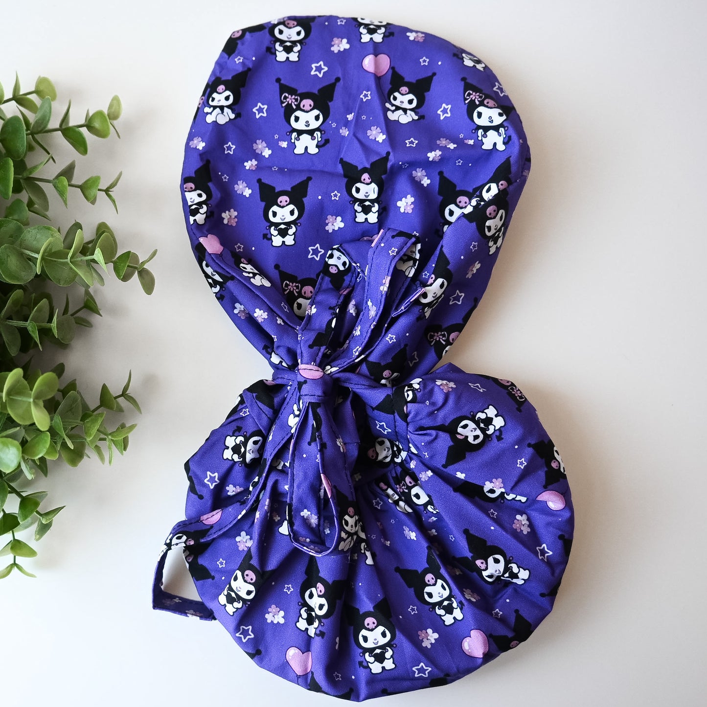KUROMI PURPLE SATIN LINED PONYTAIL SCRUB CAP