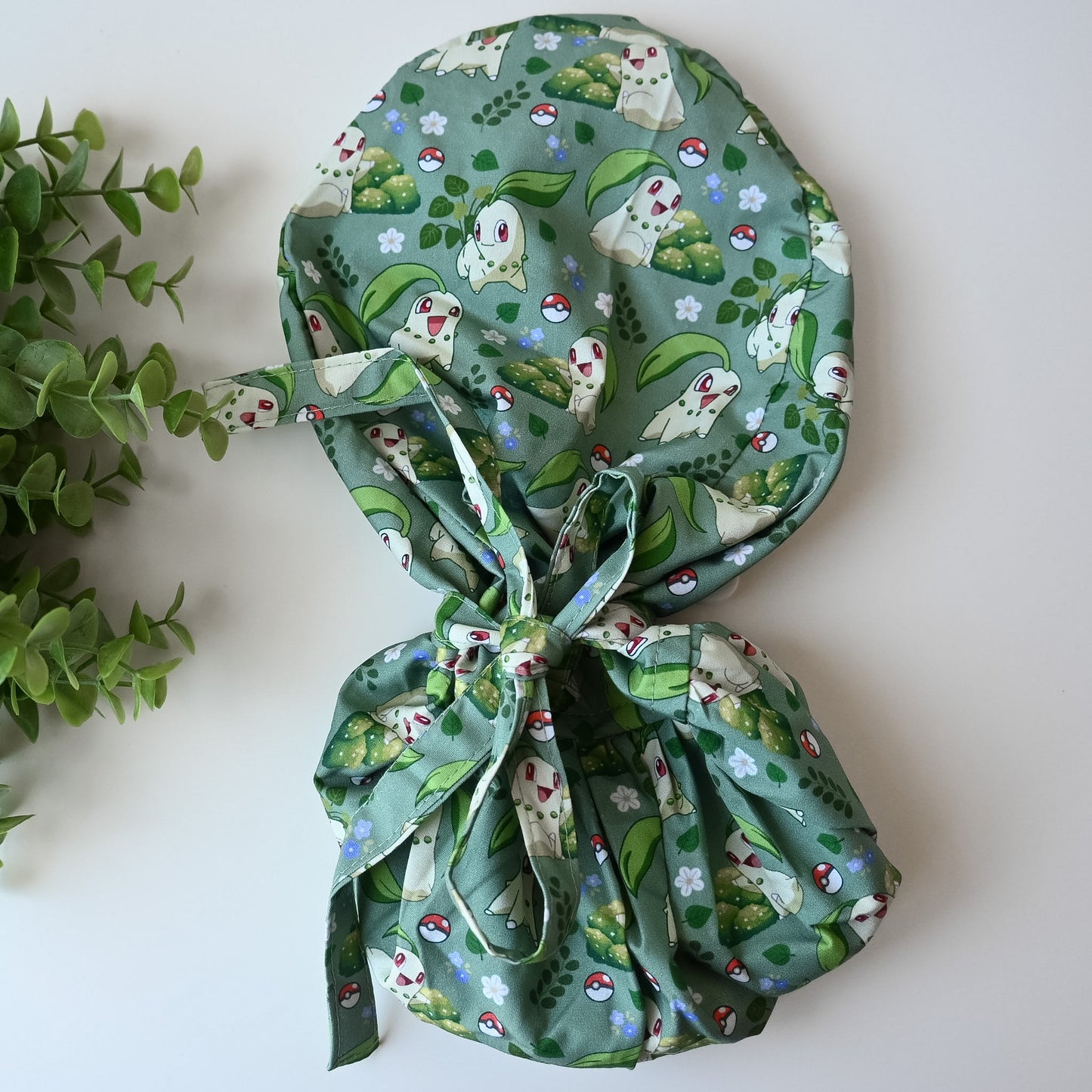 POKEMON - CHIKORITA THEMED SATIN LINED PONYTAIL SCRUB CAP