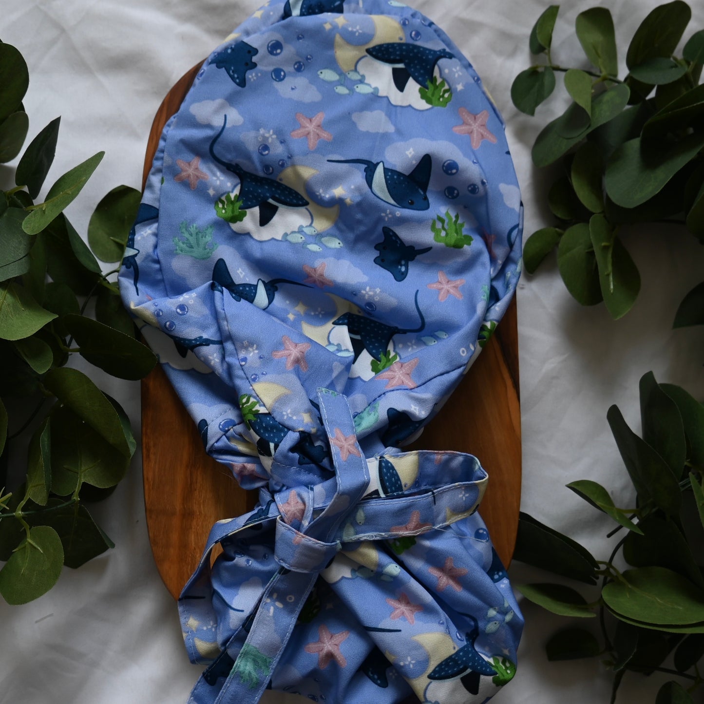 STINGRAY THEMED SATIN LINED PONYTAIL SCRUB CAP