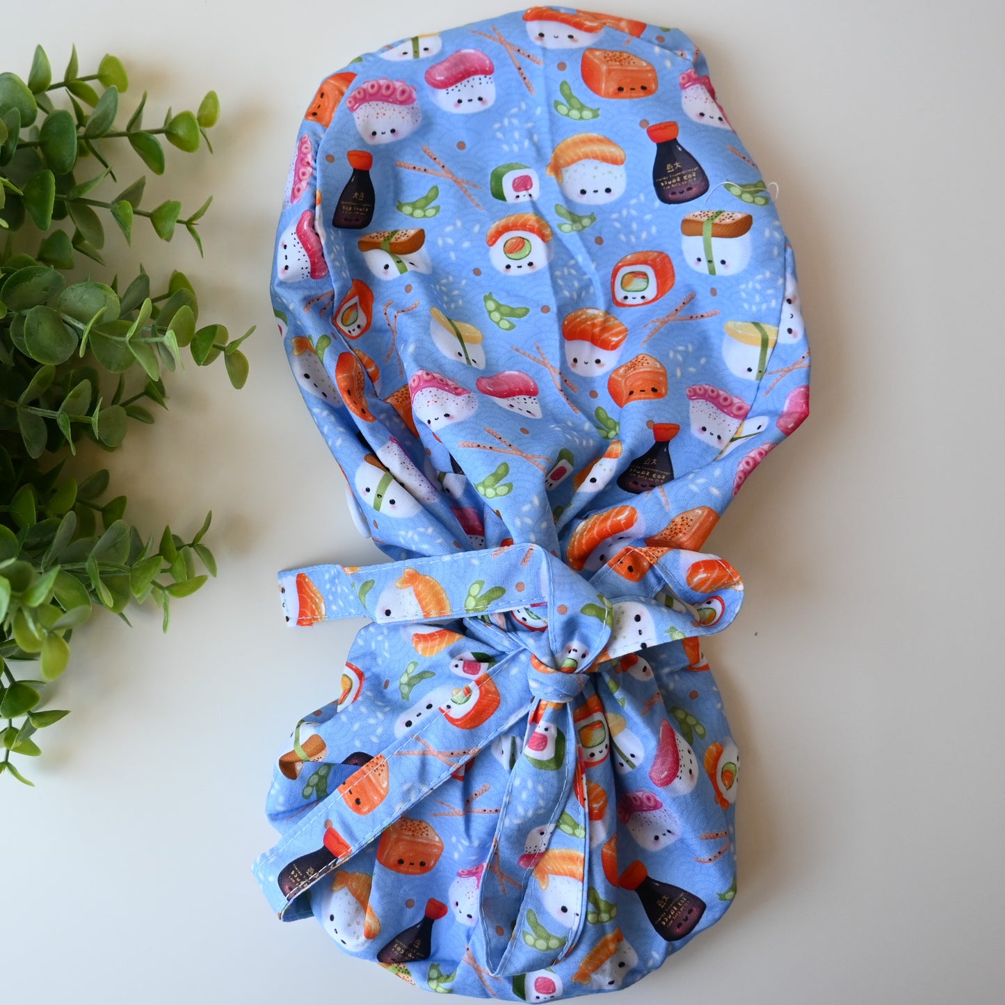 SUSHI THEMED SATIN LINED PONYTAIL SCRUB CAP