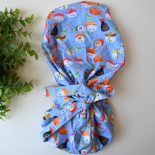 CUTE SUSHI THEMED SATIN LINED PONYTAIL SCRUB CAP