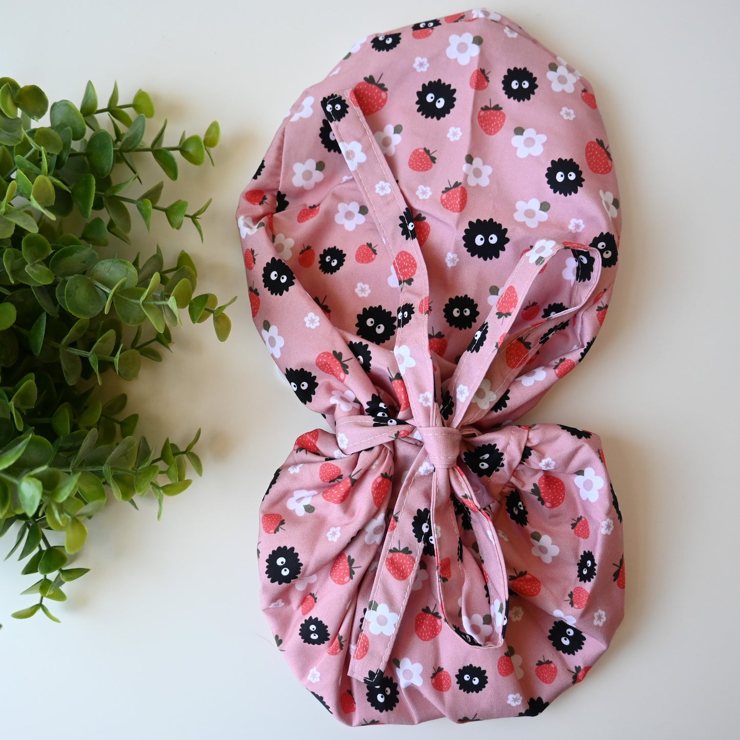 STUDIO GHIBLI SOOT SPRITES STRAWBERRY THEMED SATIN LINED PONYTAIL SCRUB CAP