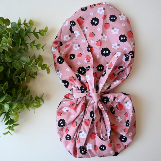 STUDIO GHIBLI SOOT SPRITES STRAWBERRY THEMED SATIN LINED PONYTAIL SCRUB CAP