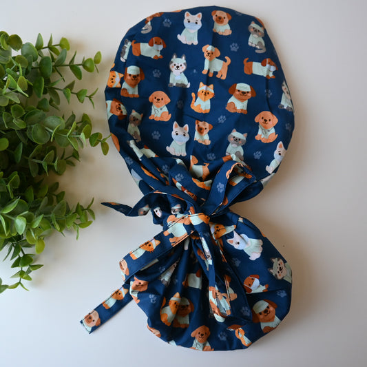 VETERINARY MEDICINE THEMED SATIN LINED PONYTAIL SCRUB CAP