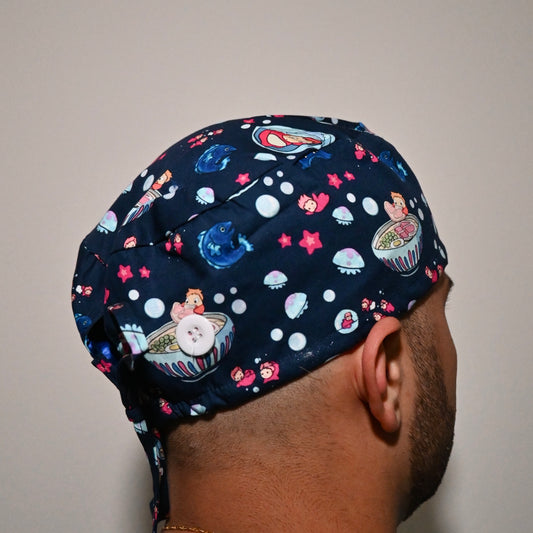 PONYO - DARK BLUE PONYO WITH SEA CREATURES SATIN LINED REGULAR SCRUB CAP