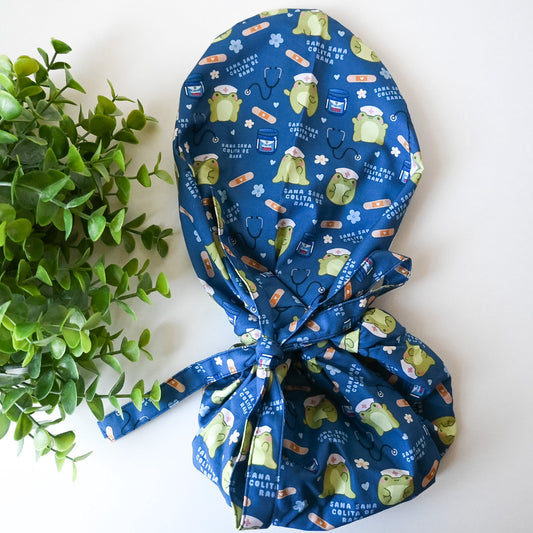 SANA SANA COLITA DE RANA BLUE THEMED SATIN LINED PONYTAIL SCRUB CAP