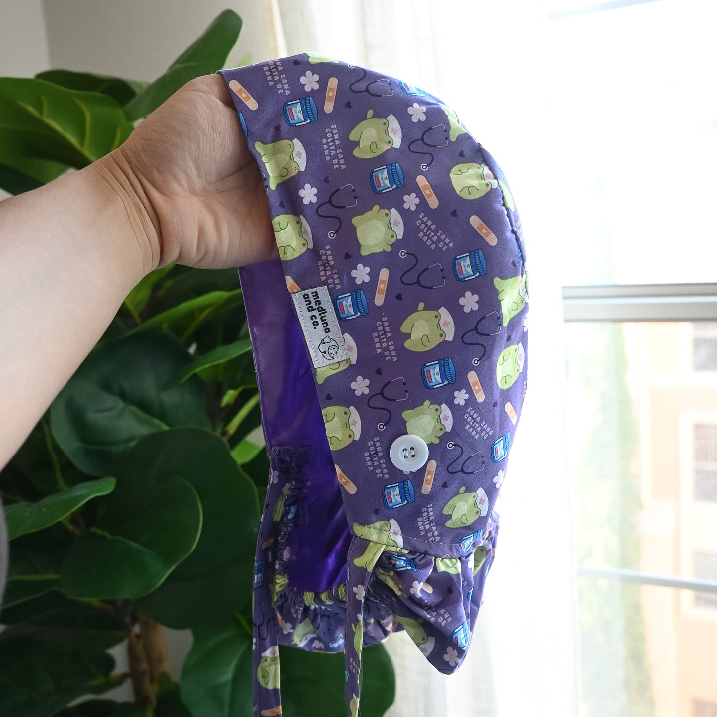 SANA SANA COLITA DE RANA PURPLE THEMED SATIN LINED PONYTAIL SCRUB CAP