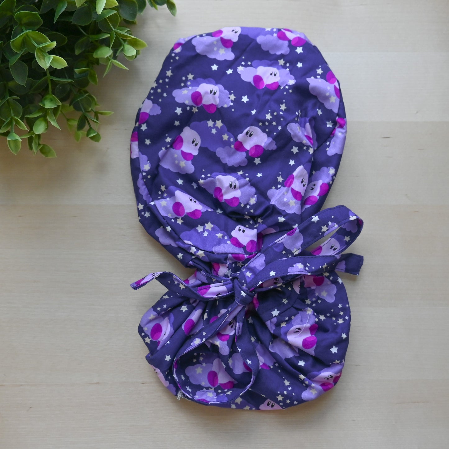 KIRBY - PURPLE KIRBY WITH STARS SATIN LINED PONYTAIL SCRUB CAP