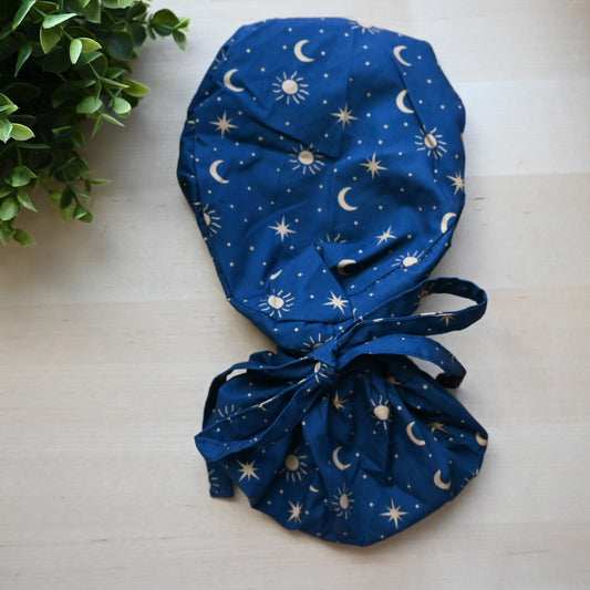 BLUE CELESTIAL SUN AND MOON SATIN LINED PONYTAIL SCRUB CAP