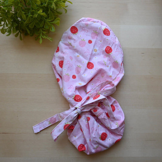 STRAWBERRY COQUETTE SATIN LINED PONYTAIL SCRUB CAP