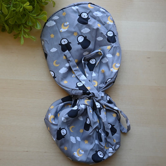 SPIRITED AWAY - GRAY NO FACE SATIN LINED PONYTAIL SCRUB CAP