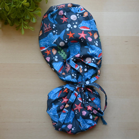 KAWAII WHALE SHARK THEMED SATIN LINED PONYTAIL SCRUB CAP