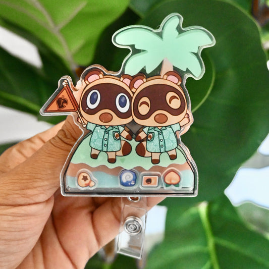 ANIMAL CROSSING - TIMMY AND TOMMY THEMED ACRYLIC SHAKER BADGE REEL